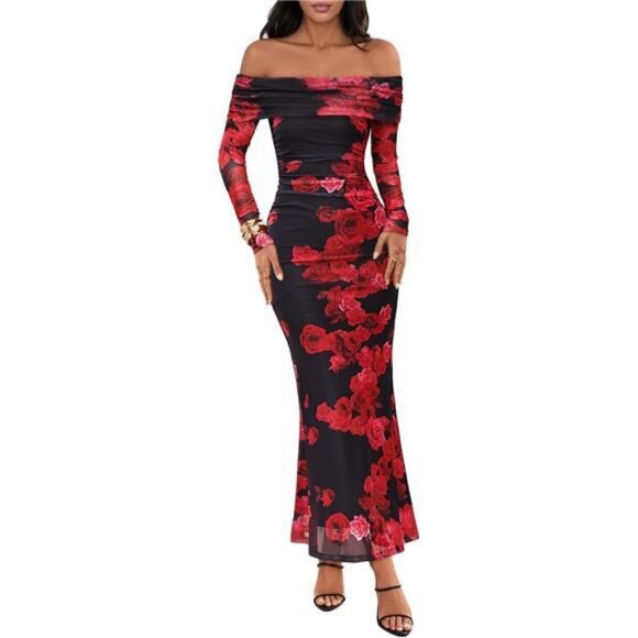 Women's Off Shoulder Floral Maxi Dress Black Red - Picture 1 of 6